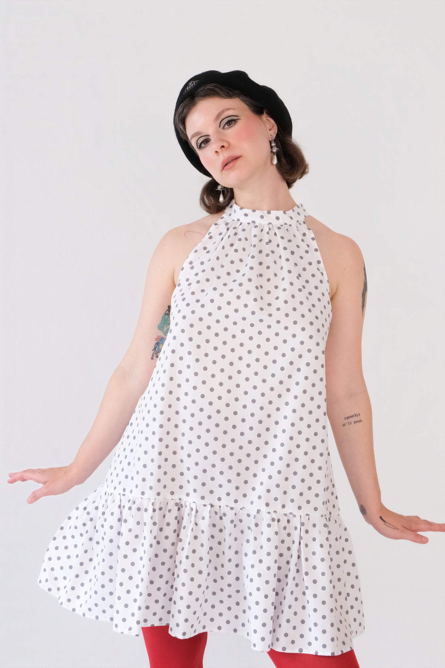 White Polka Dot Halter Mini Dress