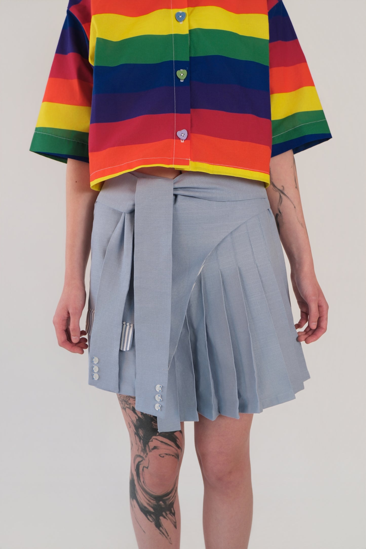 Sky Blue Pleated Asymmetrical Skirt