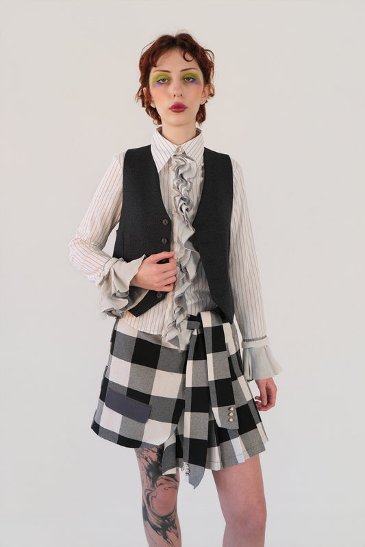 Checkered Asymmetrical Pleated Skirt