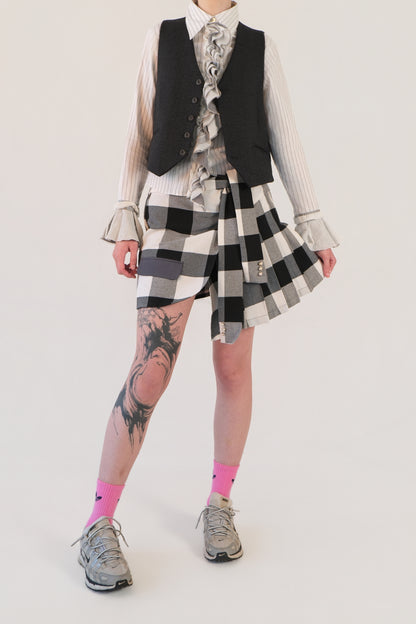 Checkered Asymmetrical Pleated Skirt