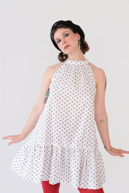 White Polka Dot Halter Mini Dress