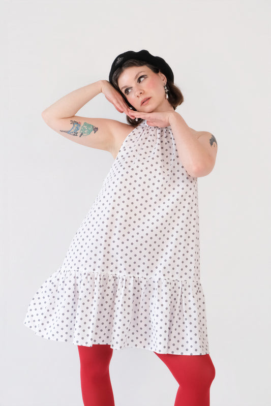 White Polka Dot Halter Mini Dress