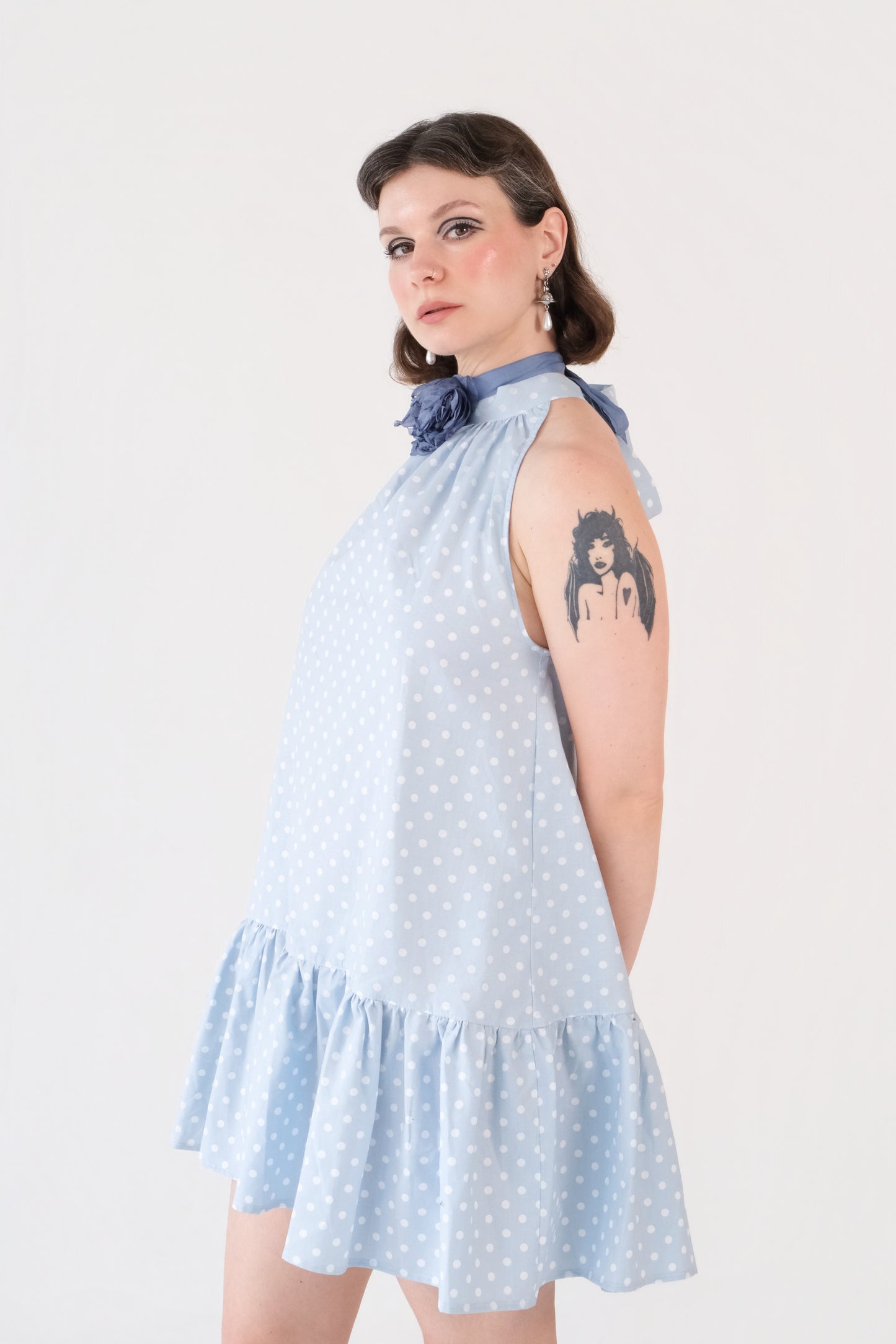 Blue Polka Dot Halter Mini Dress