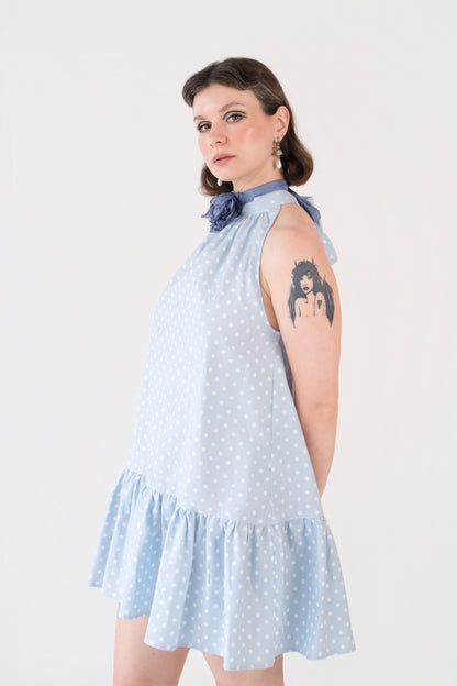 Blue Polka Dot Halter Mini Dress