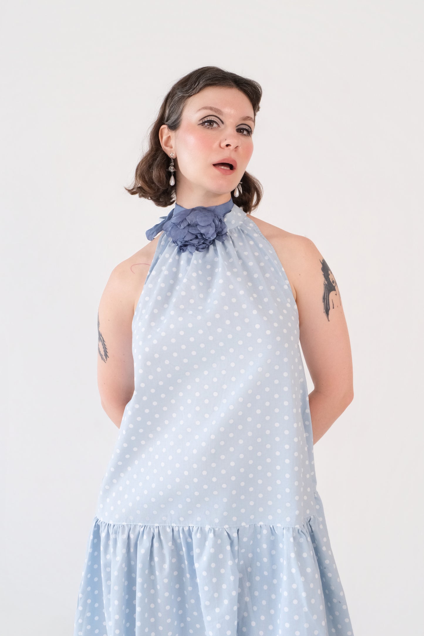 Blue Polka Dot Halter Mini Dress