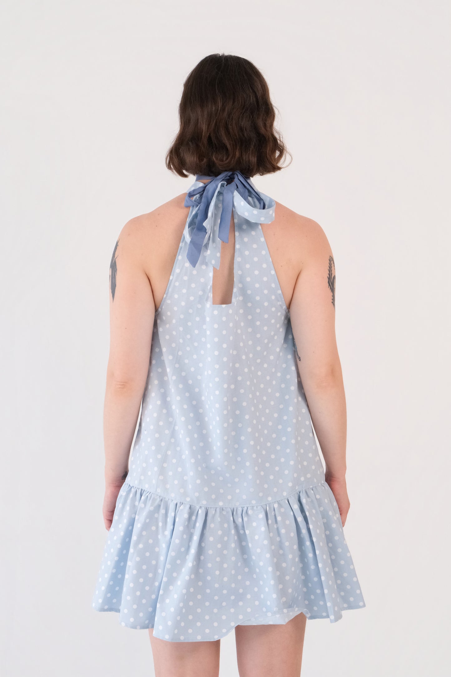 Blue Polka Dot Halter Mini Dress