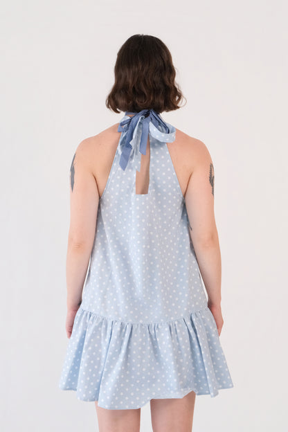 Blue Polka Dot Halter Mini Dress