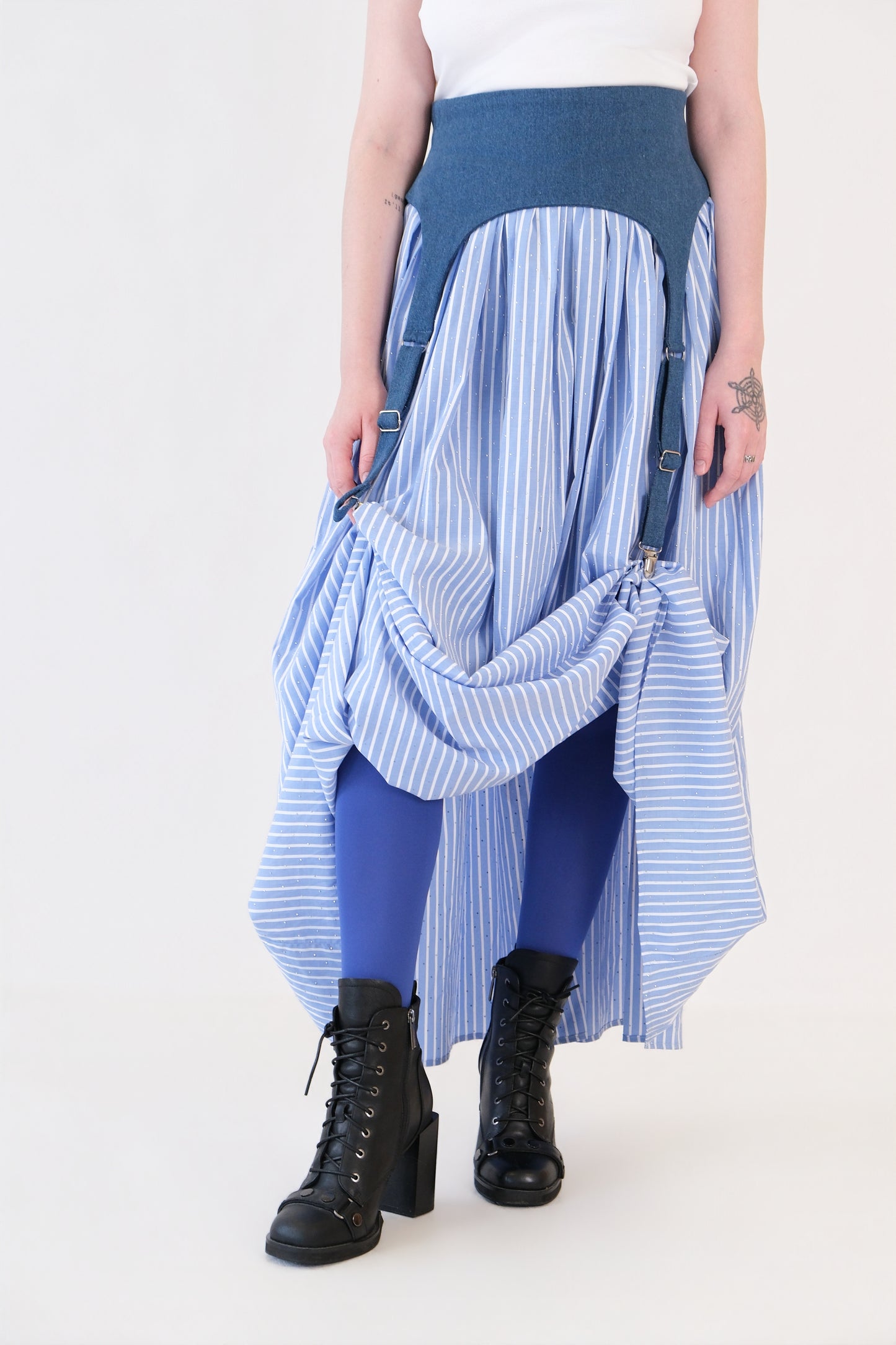 Blue Striped Garter Skirt With Gems