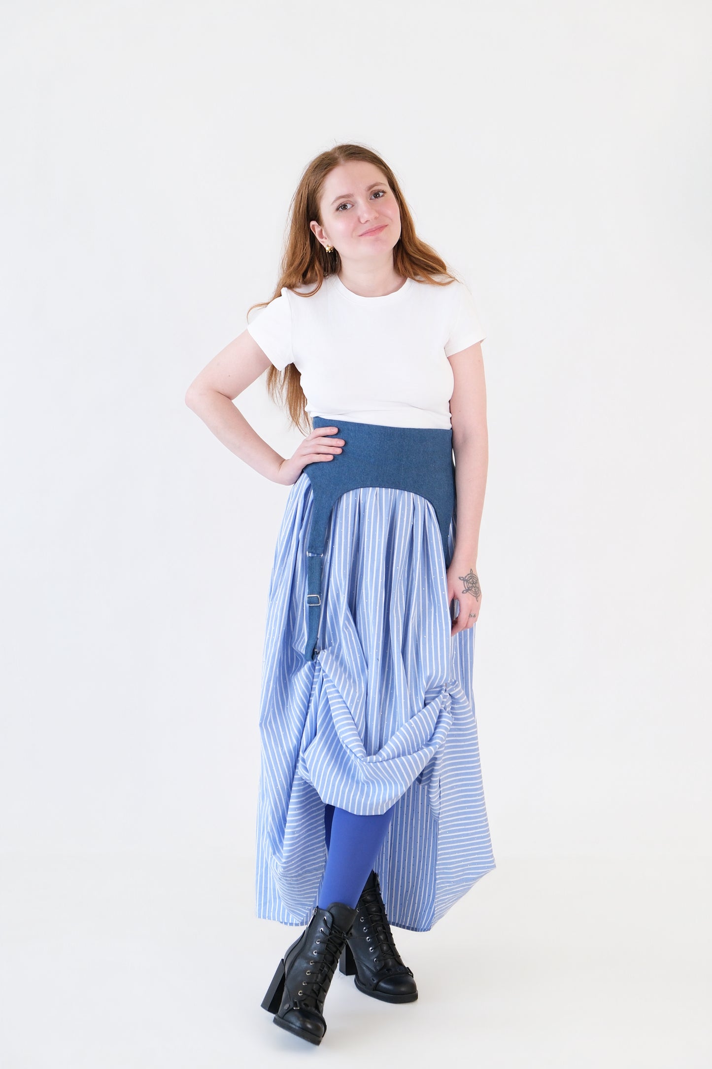 Blue Striped Garter Skirt With Gems